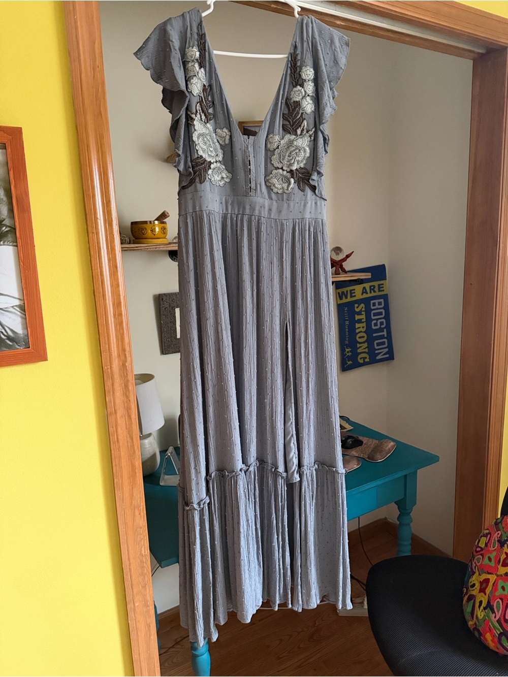 Joyfolie Gray Floral Appliqué Maxi Dress